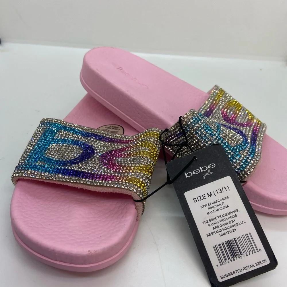 NWT Bebe Girls Pink Rainbow Rhinestone Slide Sandals Size 13/1
